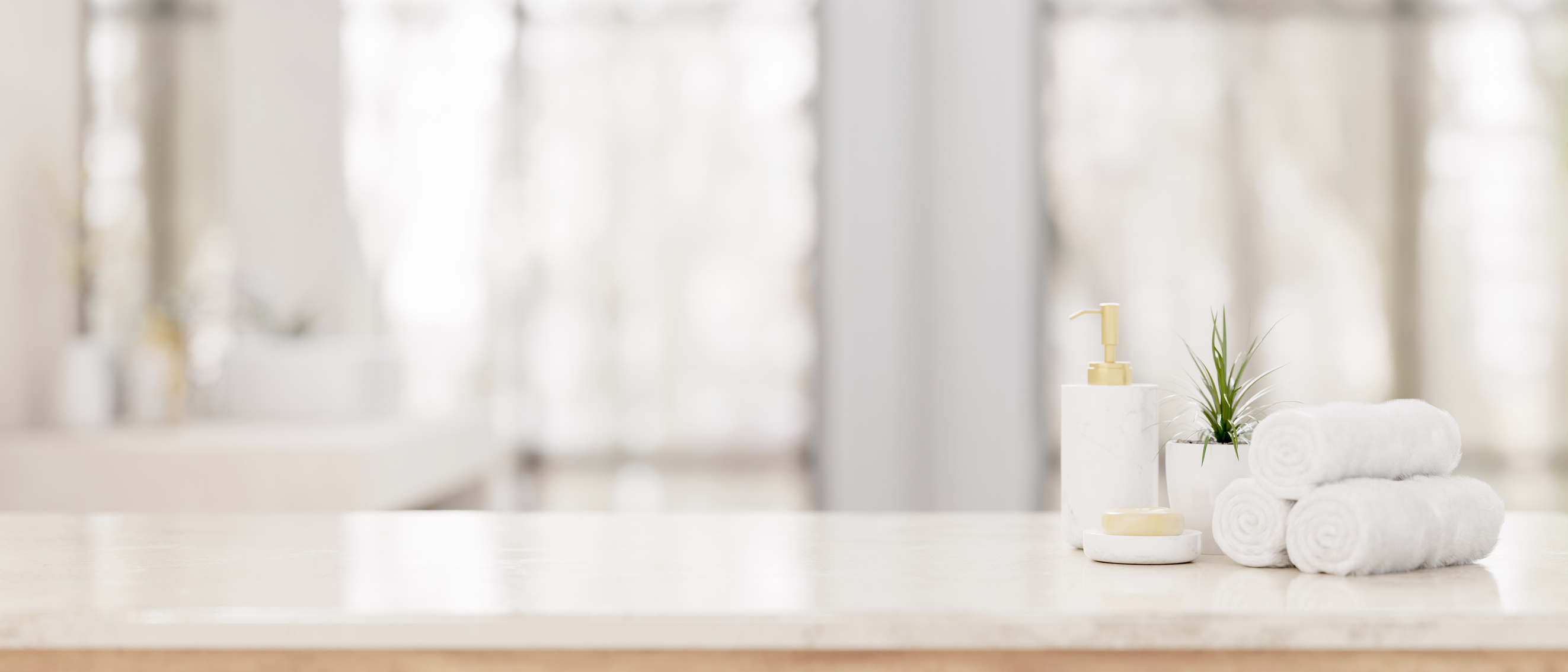 A Luxury White Marble Tabletop With Bath Accessories Over A Blurred Background Of Bright Bathroom. Frau Im Spa